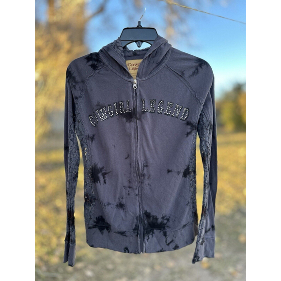 Cowgirl Legend Distressed Lace Hoodie Zip Jacket Womens Large Lightweight Gray - Picture 1 of 17
